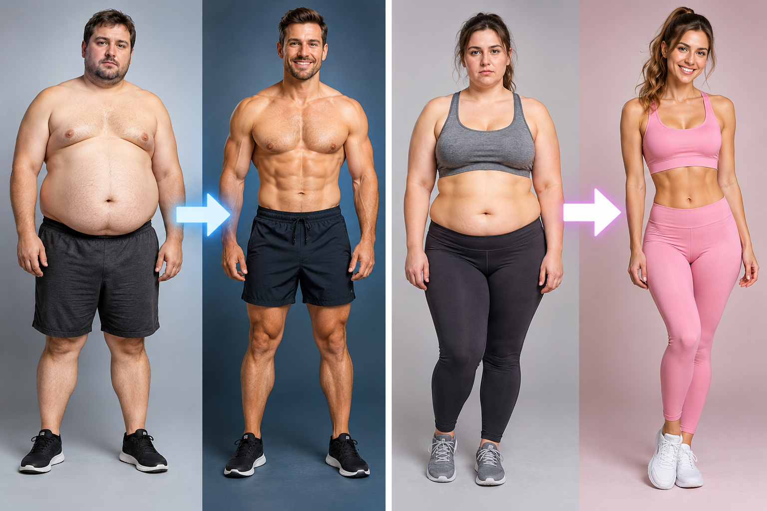 Before and after fitness transformation illustrations of a man and a woman
